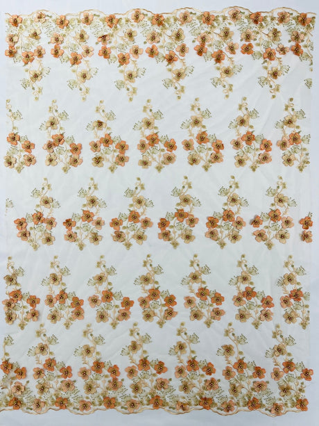 Multi Color 3D Floral Design With Pearls Lace Fabric - Multi Color Floral Embroidered Mesh Lace, 54" Wide, 36" Length (1 Yard)