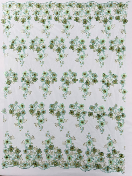 Multi Color 3D Floral Design With Pearls Lace Fabric - Multi Color Floral Embroidered Mesh Lace, 54" Wide, 36" Length (1 Yard)