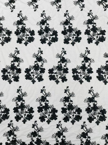 Multi Color 3D Floral Design With Pearls Lace Fabric - Multi Color Floral Embroidered Mesh Lace, 54" Wide, 36" Length (1 Yard)