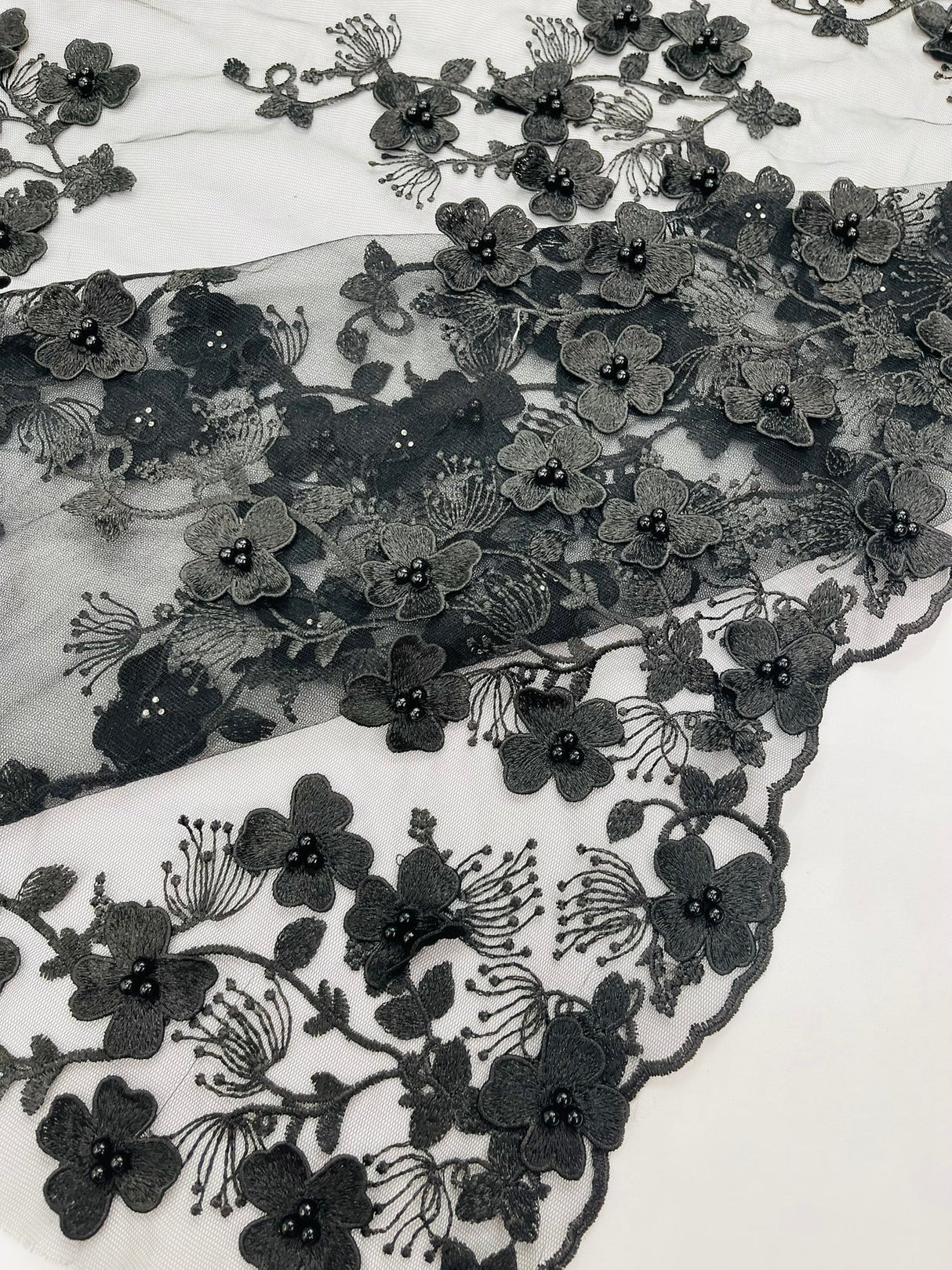 Multi Color 3D Floral Design With Pearls Lace Fabric - Multi Color Floral Embroidered Mesh Lace, 54" Wide, 36" Length (1 Yard)