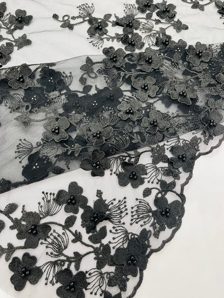 Multi Color 3D Floral Design With Pearls Lace Fabric - Multi Color Floral Embroidered Mesh Lace, 54" Wide, 36" Length (1 Yard)