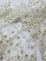 Multi Color 3D Floral Design With Pearls Lace Fabric - Multi Color Floral Embroidered Mesh Lace, 54" Wide, 36" Length (1 Yard)