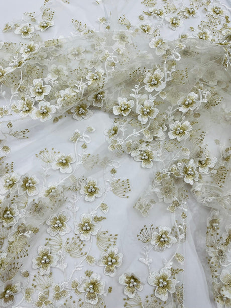 Multi Color 3D Floral Design With Pearls Lace Fabric - Multi Color Floral Embroidered Mesh Lace, 54" Wide, 36" Length (1 Yard)