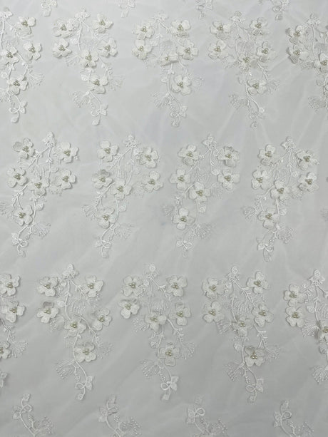 Multi Color 3D Floral Design With Pearls Lace Fabric - Multi Color Floral Embroidered Mesh Lace, 54" Wide, 36" Length (1 Yard)
