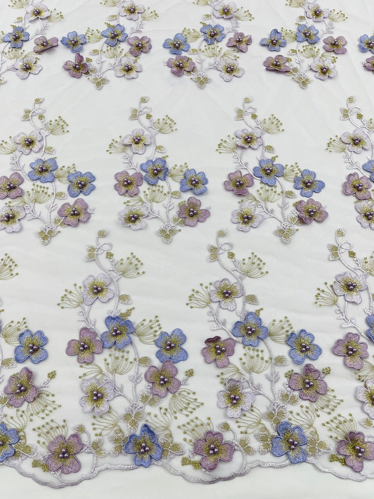 Multi Color 3D Floral Design With Pearls Lace Fabric - Multi Color Floral Embroidered Mesh Lace, 54" Wide, 36" Length (1 Yard)