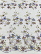 Multi Color 3D Floral Design With Pearls Lace Fabric - Multi Color Floral Embroidered Mesh Lace, 54" Wide, 36" Length (1 Yard)