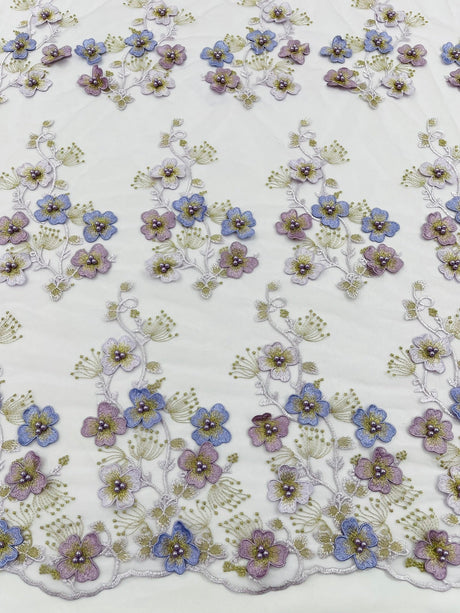 Multi Color 3D Floral Design With Pearls Lace Fabric - Multi Color Floral Embroidered Mesh Lace, 54" Wide, 36" Length (1 Yard)