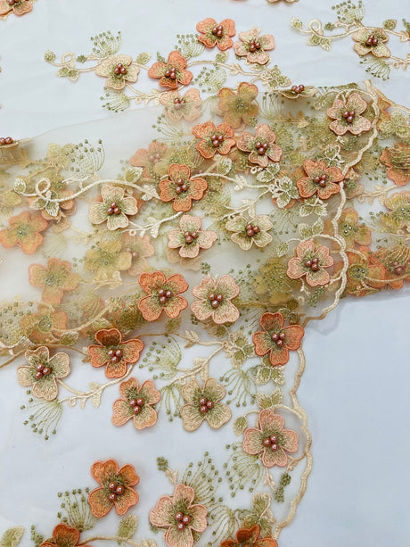 Multi Color 3D Floral Design With Pearls Lace Fabric - Multi Color Floral Embroidered Mesh Lace, 54" Wide, 36" Length (1 Yard)
