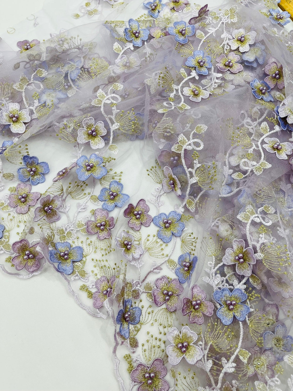 Multi Color 3D Floral Design With Pearls Lace Fabric - Multi Color Floral Embroidered Mesh Lace, 54" Wide, 36" Length (1 Yard)
