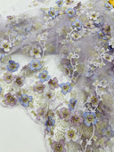 Multi Color 3D Floral Design With Pearls Lace Fabric - Multi Color Floral Embroidered Mesh Lace, 54" Wide, 36" Length (1 Yard)