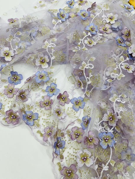 Multi Color 3D Floral Design With Pearls Lace Fabric - Multi Color Floral Embroidered Mesh Lace, 54" Wide, 36" Length (1 Yard)