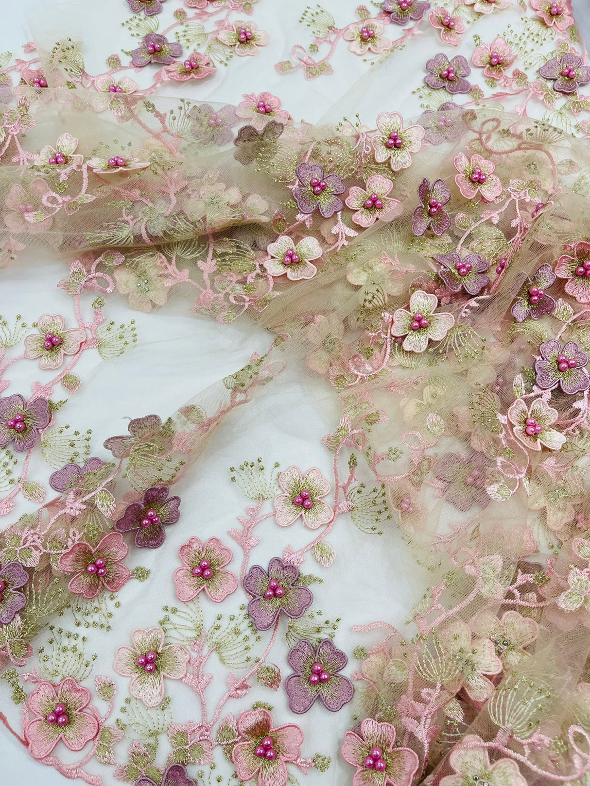 Multi Color 3D Floral Design With Pearls Lace Fabric - Multi Color Floral Embroidered Mesh Lace, 54" Wide, 36" Length (1 Yard)