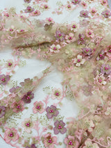 Multi Color 3D Floral Design With Pearls Lace Fabric - Multi Color Floral Embroidered Mesh Lace, 54" Wide, 36" Length (1 Yard)