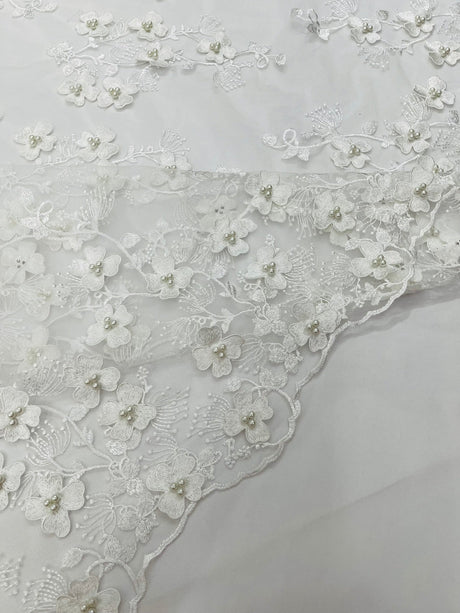 Multi Color 3D Floral Design With Pearls Lace Fabric - Multi Color Floral Embroidered Mesh Lace, 54" Wide, 36" Length (1 Yard)
