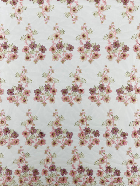 Multi Color 3D Floral Design With Pearls Lace Fabric - Multi Color Floral Embroidered Mesh Lace, 54" Wide, 36" Length (1 Yard)