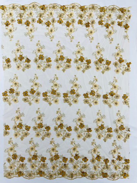 Multi Color 3D Floral Design With Pearls Lace Fabric - Multi Color Floral Embroidered Mesh Lace, 54" Wide, 36" Length (1 Yard)