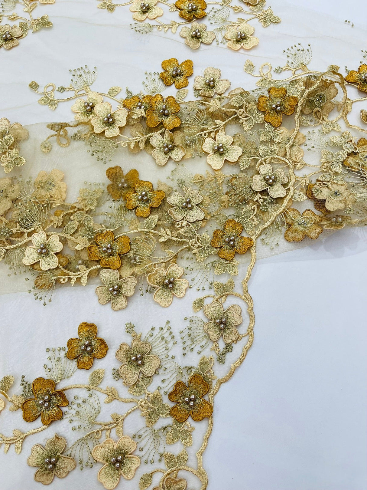Multi Color 3D Floral Design With Pearls Lace Fabric - Multi Color Floral Embroidered Mesh Lace, 54" Wide, 36" Length (1 Yard)