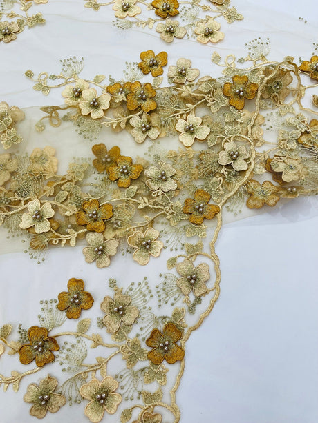 Multi Color 3D Floral Design With Pearls Lace Fabric - Multi Color Floral Embroidered Mesh Lace, 54" Wide, 36" Length (1 Yard)