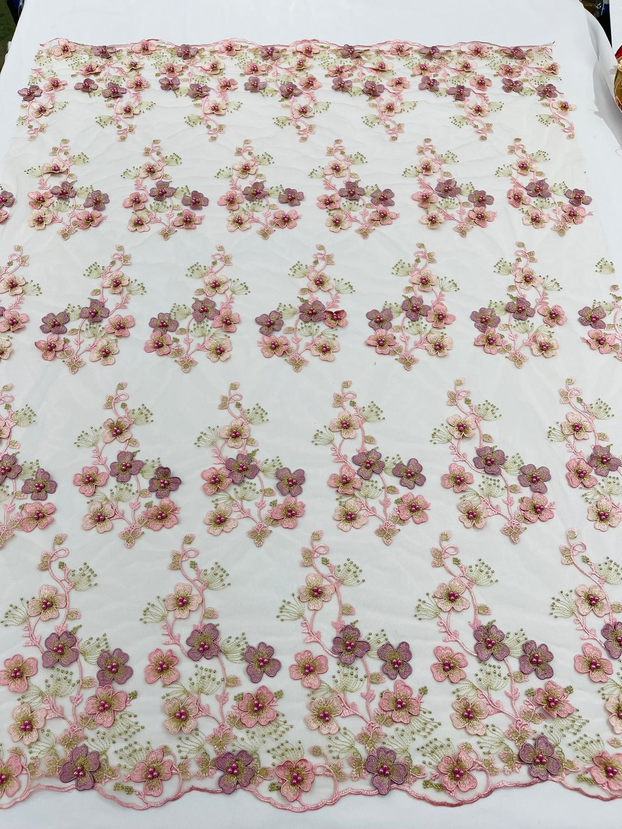 Multi Color 3D Floral Design With Pearls Lace Fabric - Multi Color Floral Embroidered Mesh Lace, 54" Wide, 36" Length (1 Yard)