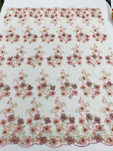 Multi Color 3D Floral Design With Pearls Lace Fabric - Multi Color Floral Embroidered Mesh Lace, 54" Wide, 36" Length (1 Yard)
