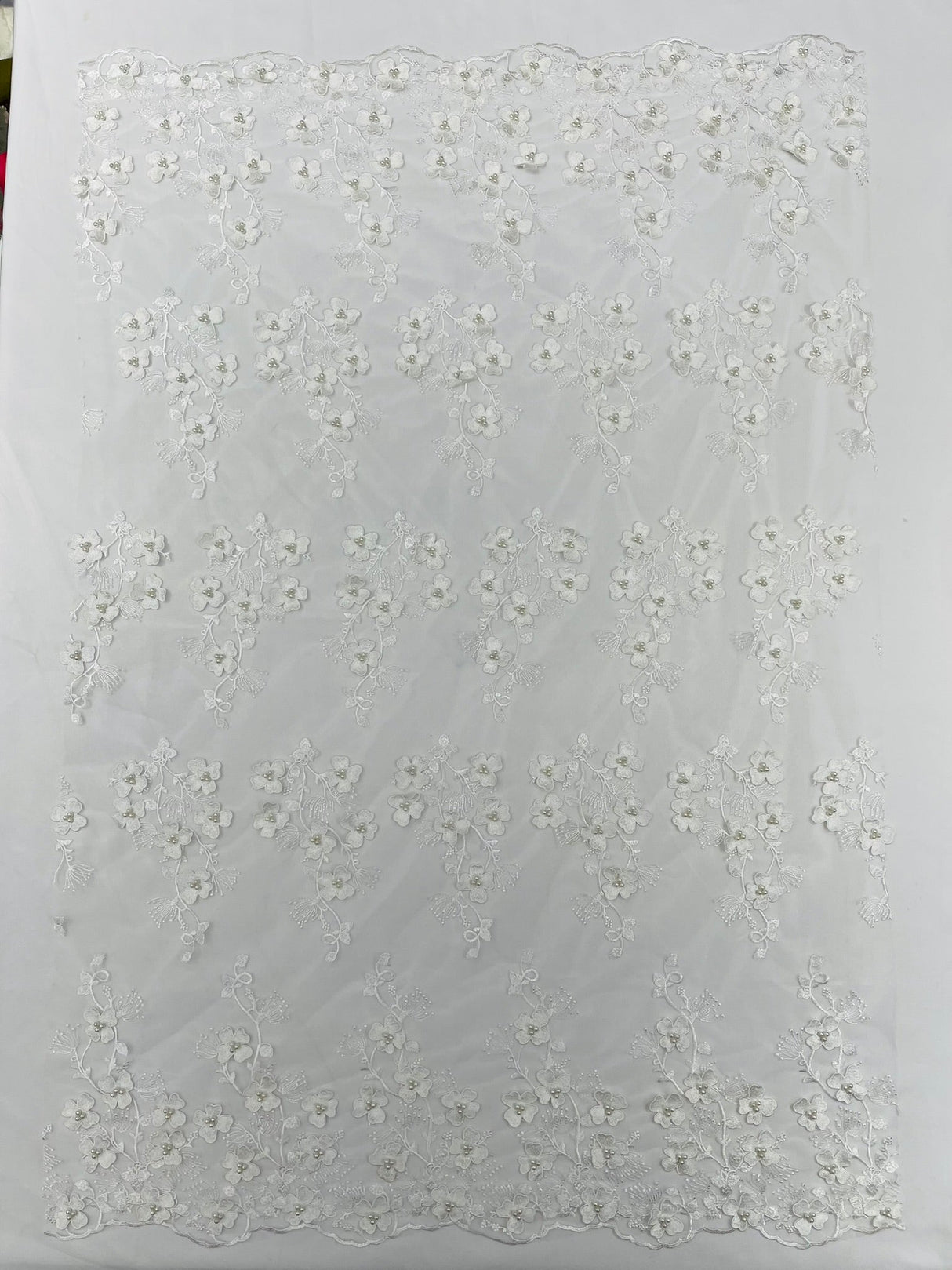 Multi Color 3D Floral Design With Pearls Lace Fabric - Multi Color Floral Embroidered Mesh Lace, 54" Wide, 36" Length (1 Yard)