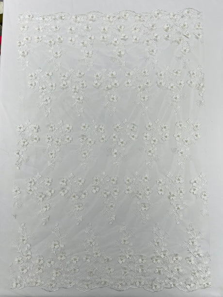 Multi Color 3D Floral Design With Pearls Lace Fabric - Multi Color Floral Embroidered Mesh Lace, 54" Wide, 36" Length (1 Yard)