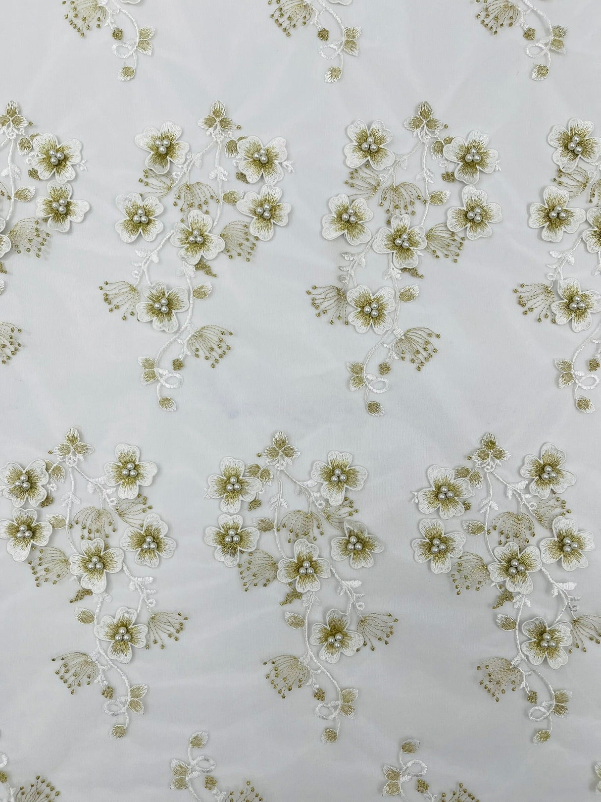 Multi Color 3D Floral Design With Pearls Lace Fabric - Multi Color Floral Embroidered Mesh Lace, 54" Wide, 36" Length (1 Yard)