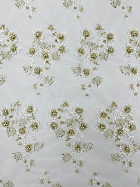 Multi Color 3D Floral Design With Pearls Lace Fabric - Multi Color Floral Embroidered Mesh Lace, 54" Wide, 36" Length (1 Yard)