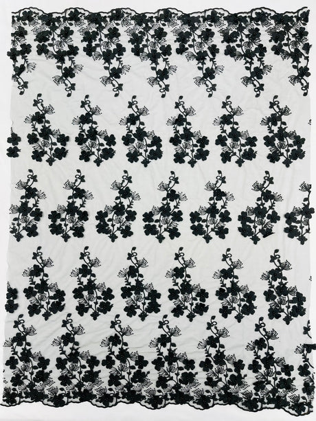 Multi Color 3D Floral Design With Pearls Lace Fabric - Multi Color Floral Embroidered Mesh Lace, 54" Wide, 36" Length (1 Yard)