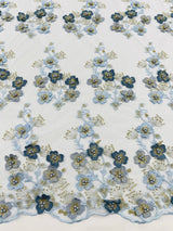 Multi Color 3D Floral Design With Pearls Lace Fabric - Multi Color Floral Embroidered Mesh Lace, 54" Wide, 36" Length (1 Yard)
