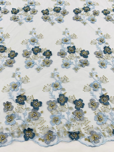 Multi Color 3D Floral Design With Pearls Lace Fabric - Multi Color Floral Embroidered Mesh Lace, 54" Wide, 36" Length (1 Yard)