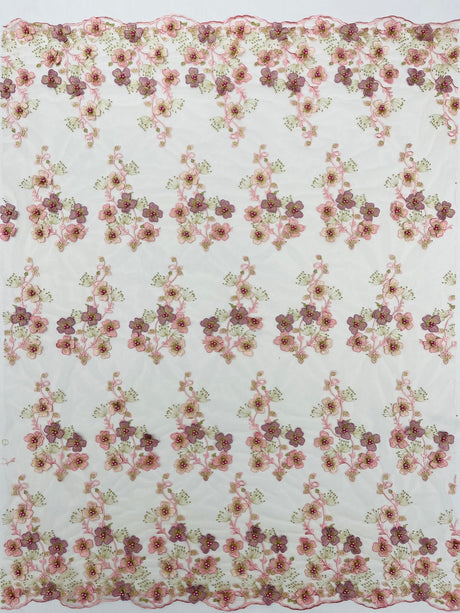 Multi Color 3D Floral Design With Pearls Lace Fabric - Multi Color Floral Embroidered Mesh Lace, 54" Wide, 36" Length (1 Yard)