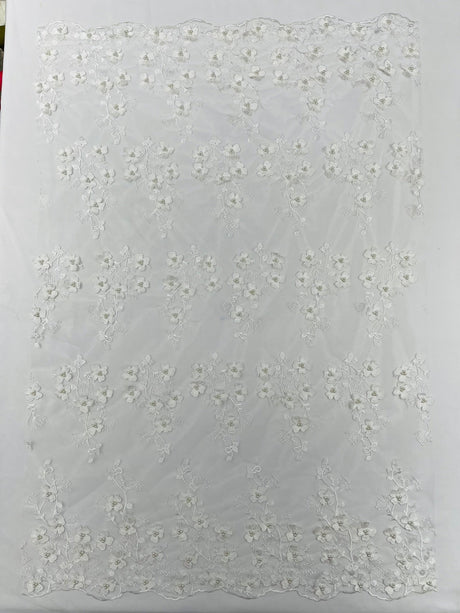 Multi Color 3D Floral Design With Pearls Lace Fabric - Multi Color Floral Embroidered Mesh Lace, 54" Wide, 36" Length (1 Yard)