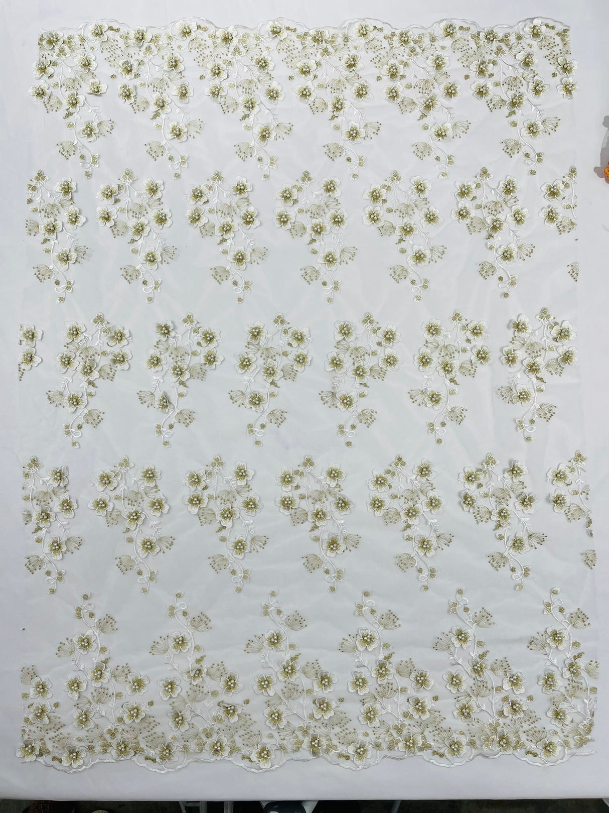 Multi Color 3D Floral Design With Pearls Lace Fabric - Multi Color Floral Embroidered Mesh Lace, 54" Wide, 36" Length (1 Yard)