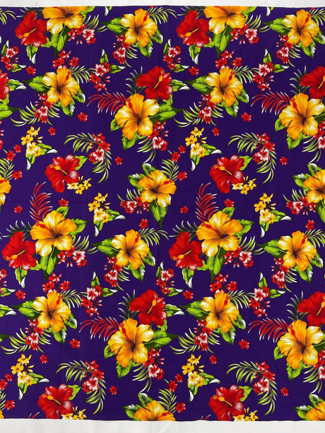 Multi Color Hawaiian Hibiscus 100 Percent Cotton Fabric - Multi Color Floral Print, 45" Width (1 Yard)