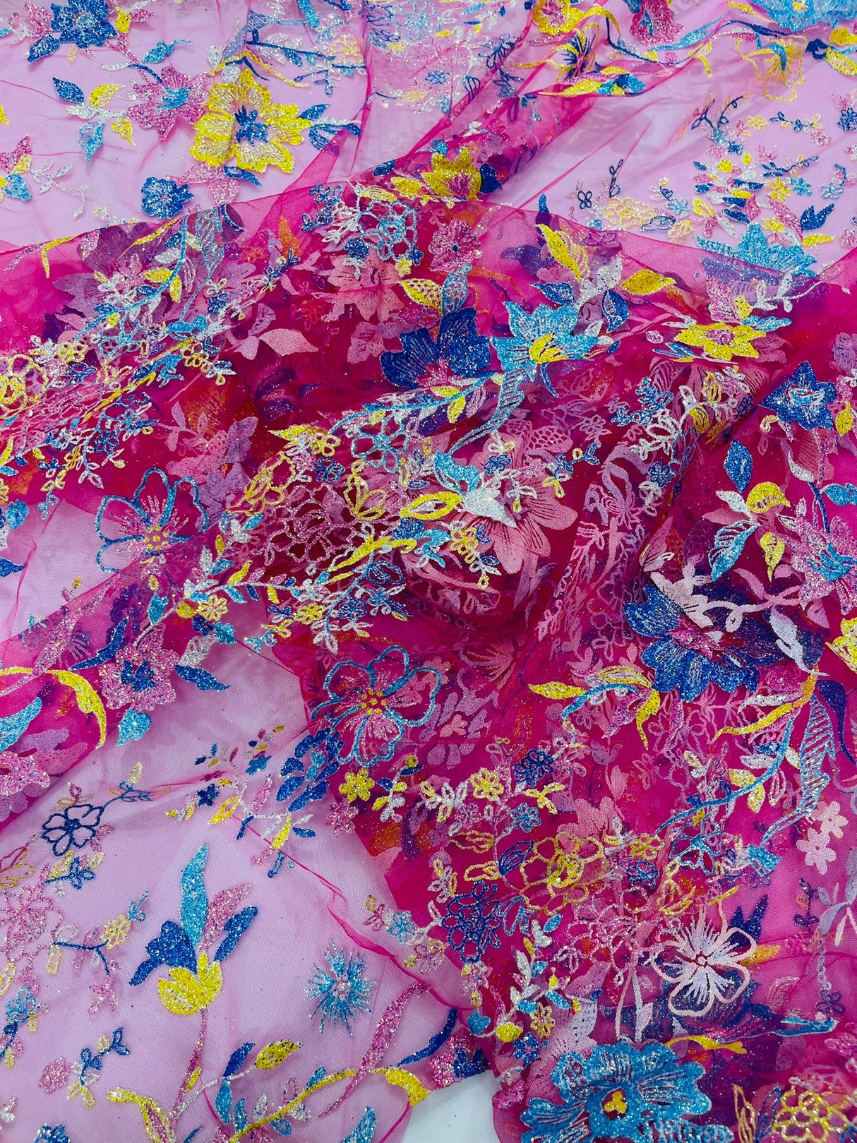 Multi Color Roses Glitter Design On A Mesh Lace Fabric - Multi Color Roses Glitter Design, Polyester Fabric, 52-54" Width, 36" Length (1 Yard)