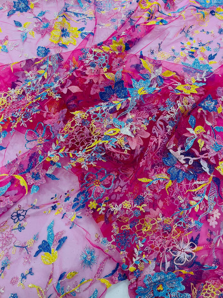 Multi Color Roses Glitter Design On A Mesh Lace Fabric - Multi Color Roses Glitter Design, Polyester Fabric, 52-54" Width, 36" Length (1 Yard)