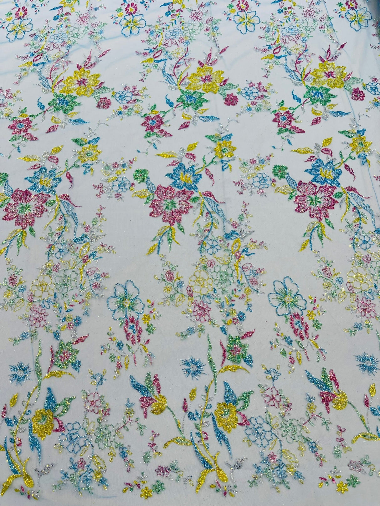 Multi Color Roses Glitter Design On A Mesh Lace Fabric - Multi Color Roses Glitter Design, Polyester Fabric, 52-54" Width, 36" Length (1 Yard)
