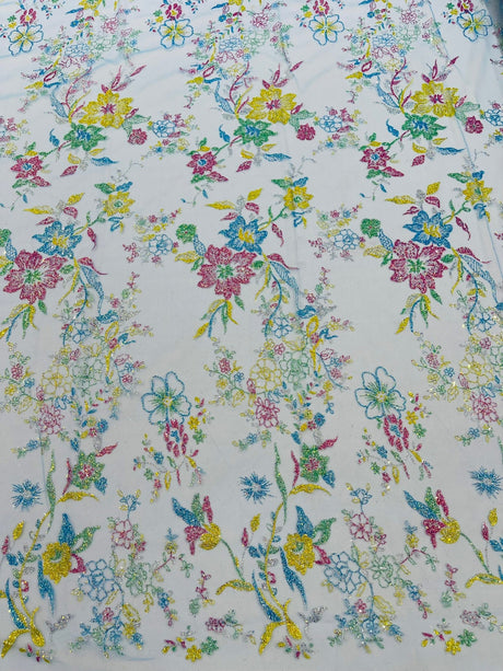 Multi Color Roses Glitter Design On A Mesh Lace Fabric - Multi Color Roses Glitter Design, Polyester Fabric, 52-54" Width, 36" Length (1 Yard)