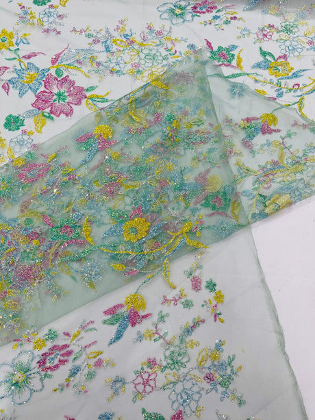 Multi Color Roses Glitter Design On A Mesh Lace Fabric - Multi Color Roses Glitter Design, Polyester Fabric, 52-54" Width, 36" Length (1 Yard)