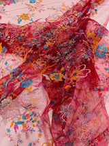 Multi Color Roses Glitter Design On A Mesh Lace Fabric - Multi Color Roses Glitter Design, Polyester Fabric, 52-54" Width, 36" Length (1 Yard)