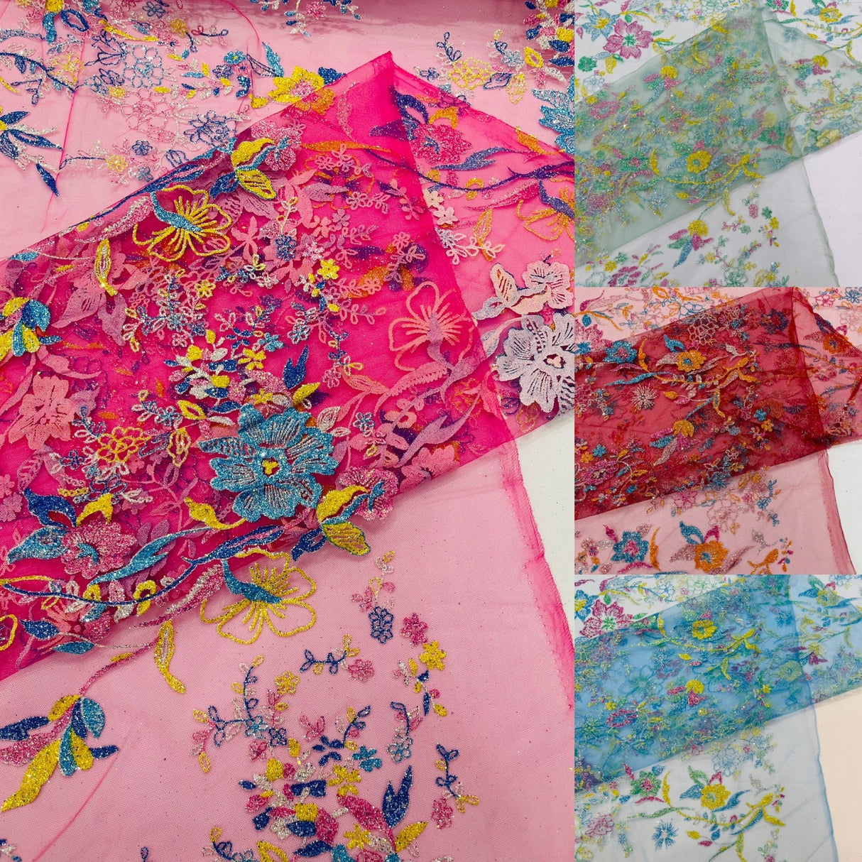 Multi Color Roses Glitter Design On A Mesh Lace Fabric - Multi Color Roses Glitter Design, Polyester Fabric, 52-54" Width, 36" Length (1 Yard)