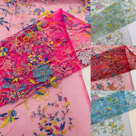 Multi Color Roses Glitter Design On A Mesh Lace Fabric - Multi Color Roses Glitter Design, Polyester Fabric, 52-54" Width, 36" Length (1 Yard)