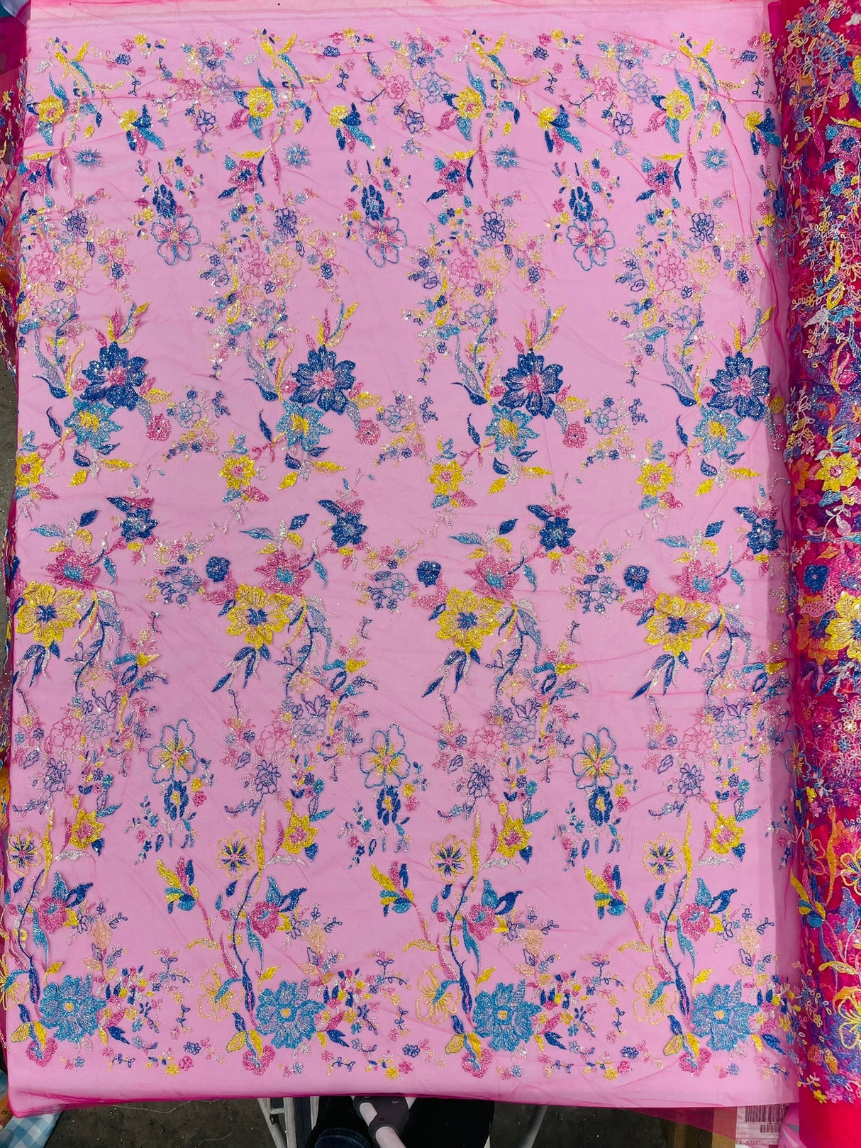 Multi Color Roses Glitter Design On A Mesh Lace Fabric - Multi Color Roses Glitter Design, Polyester Fabric, 52-54" Width, 36" Length (1 Yard)