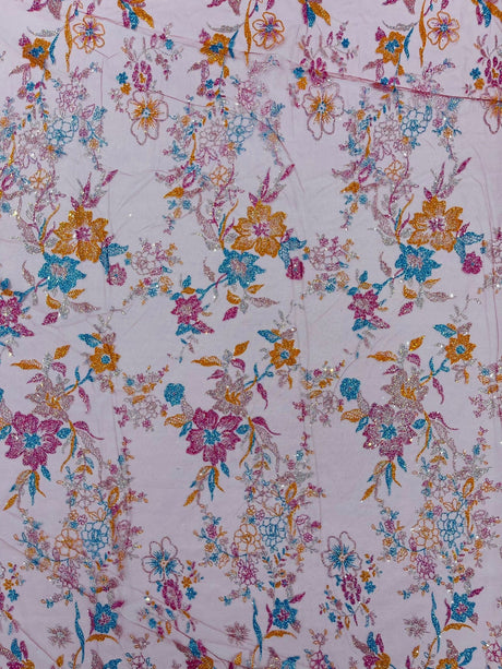 Multi Color Roses Glitter Design On A Mesh Lace Fabric - Multi Color Roses Glitter Design, Polyester Fabric, 52-54" Width, 36" Length (1 Yard)