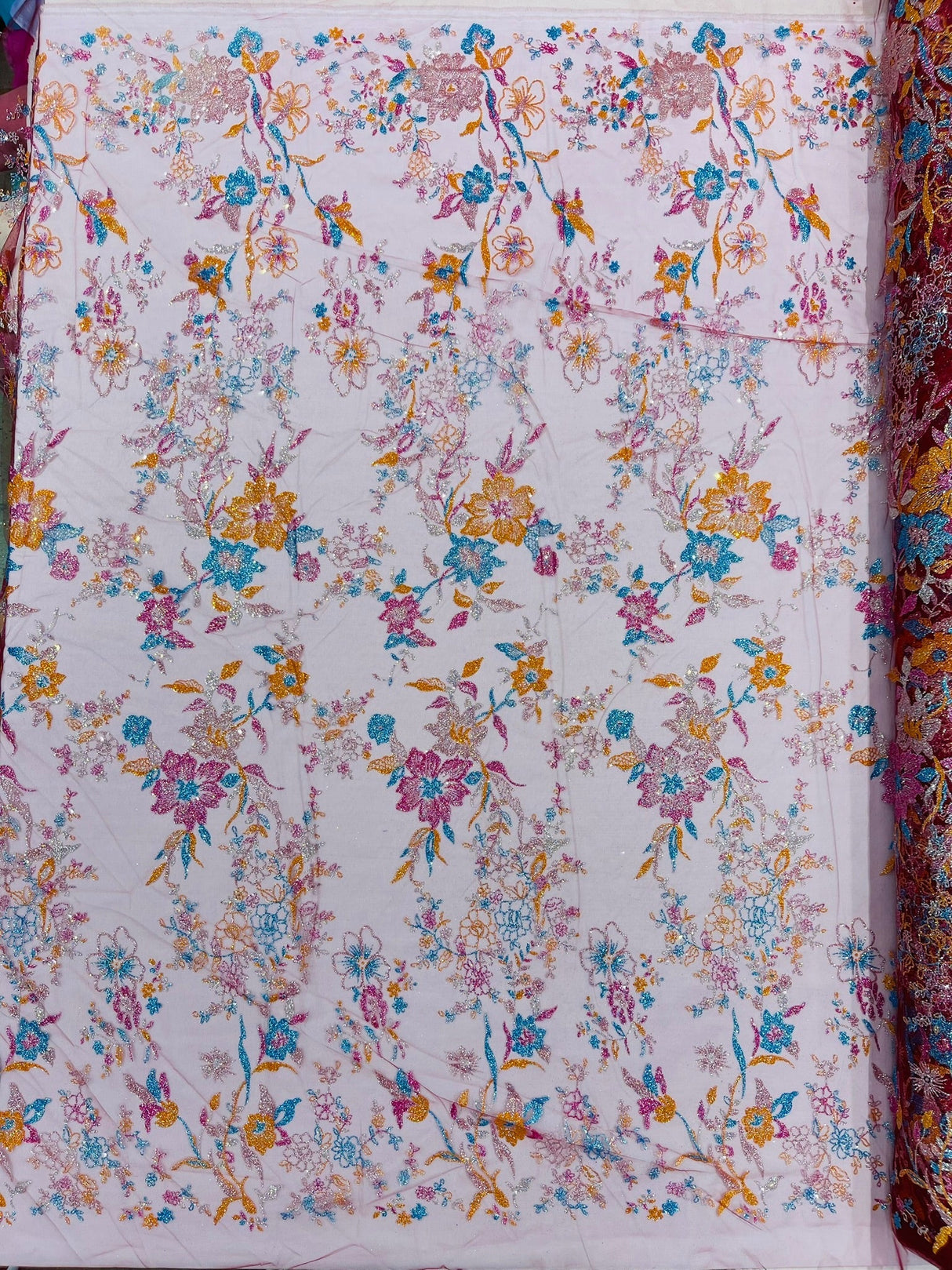 Multi Color Roses Glitter Design On A Mesh Lace Fabric - Multi Color Roses Glitter Design, Polyester Fabric, 52-54" Width, 36" Length (1 Yard)