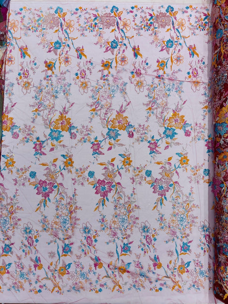 Multi Color Roses Glitter Design On A Mesh Lace Fabric - Multi Color Roses Glitter Design, Polyester Fabric, 52-54" Width, 36" Length (1 Yard)