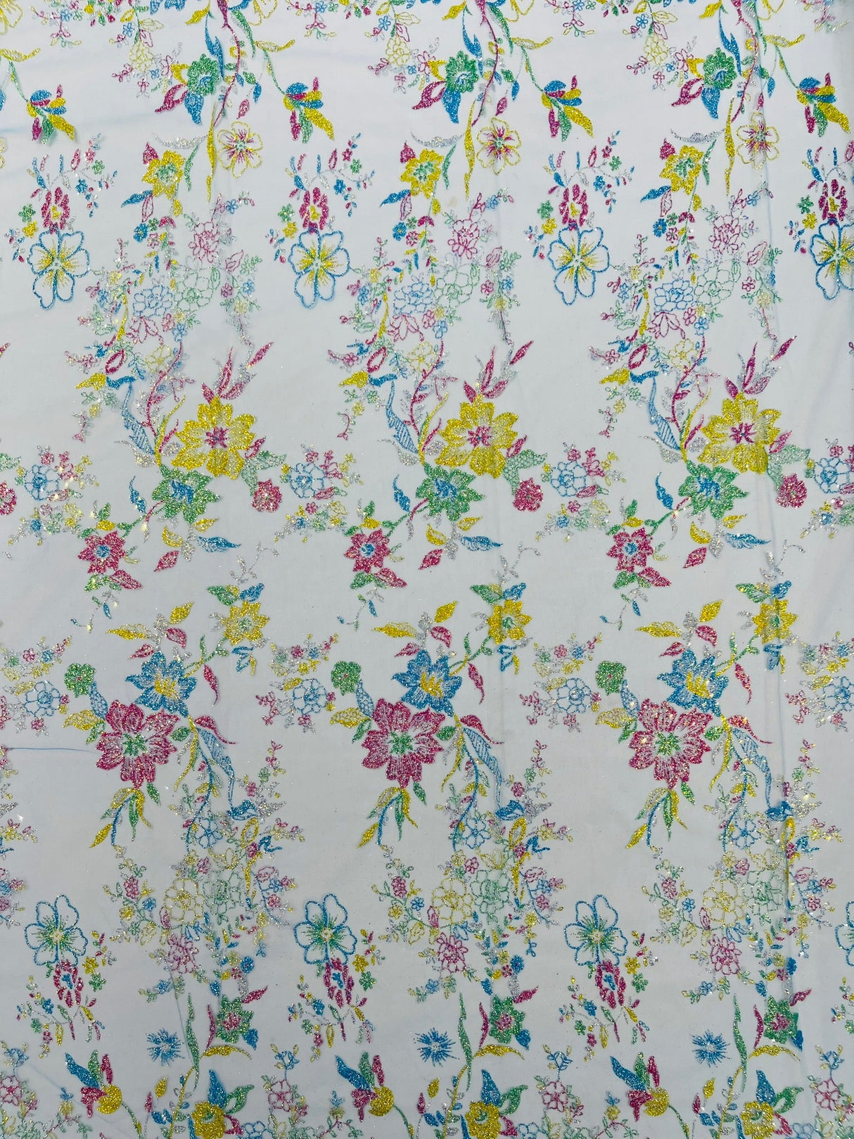 Multi Color Roses Glitter Design On A Mesh Lace Fabric - Multi Color Roses Glitter Design, Polyester Fabric, 52-54" Width, 36" Length (1 Yard)