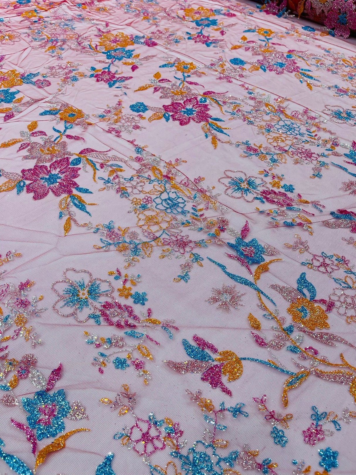 Multi Color Roses Glitter Design On A Mesh Lace Fabric - Multi Color Roses Glitter Design, Polyester Fabric, 52-54" Width, 36" Length (1 Yard)