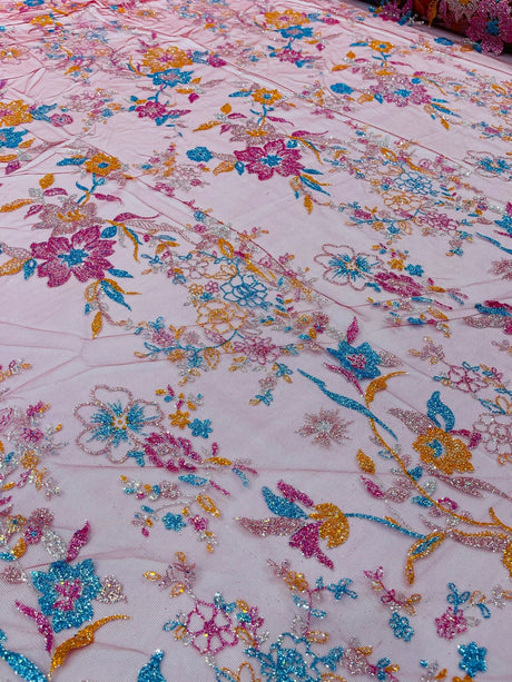 Multi Color Roses Glitter Design On A Mesh Lace Fabric - Multi Color Roses Glitter Design, Polyester Fabric, 52-54" Width, 36" Length (1 Yard)